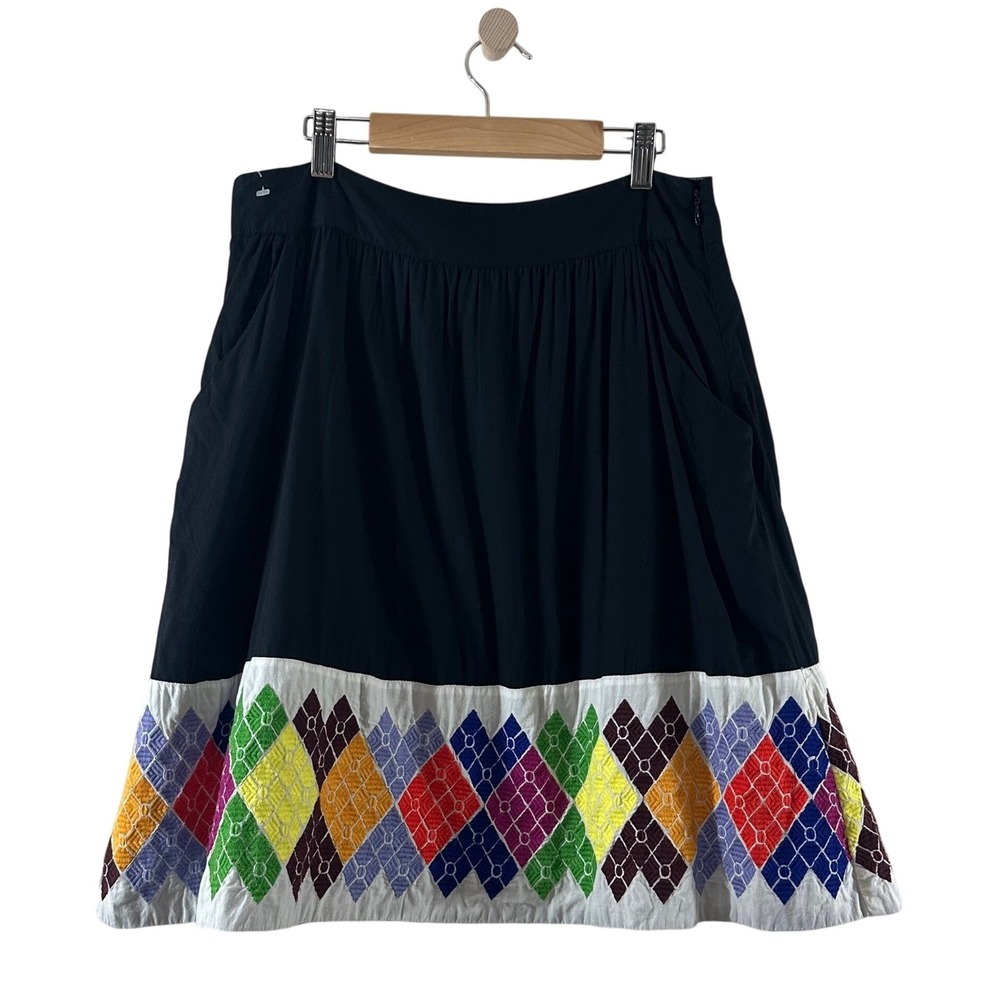 Floreat Anthropologie Black Cotton Embroidered Argyle Pocket Skirt Womens 10